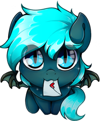 Size: 650x790 | Tagged: safe, artist:helithusvy, oc, oc only, oc:guttatus, bat pony, pony, :3, bat eyes, bat pony oc, bat wings, blue eyes, commission, cute, letter, looking at you, looking up, male, simple background, sitting, solo, spread wings, stallion, transparent background, wings, ych result