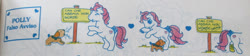 Size: 1038x233 | Tagged: safe, brandy, snuzzle, dog, pony, g1, bandage, biting, bow, comic, growling, italian, tail, tail bow