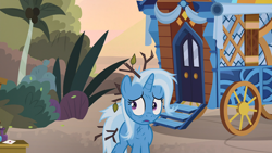 Size: 1920x1080 | Tagged: safe, screencap, trixie, pony, unicorn, g4, road to friendship, female, mare, messy mane, scratches, trixie's wagon, twig, wagon