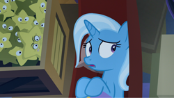 Size: 1920x1081 | Tagged: safe, screencap, trixie, pony, unicorn, g4, road to friendship, female, low quality, mare, open mouth, photo, picture of a screen, solo