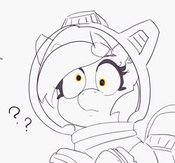 Size: 1376x1284 | Tagged: safe, artist:pabbley, derpy hooves, pegasus, pony, g4, clueless, female, mare, monochrome, partial color, question mark, shrunken pupils, simple background, solo, spacesuit, white background