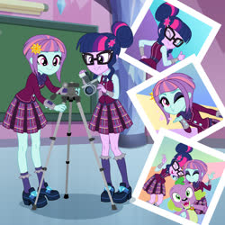 Size: 900x900 | Tagged: safe, artist:sapphiregamgee, sci-twi, spike, spike the regular dog, sunny flare, twilight sparkle, dog, comic:a fresh start, equestria girls, g4, my little pony equestria girls: friendship games, adoraflare, alternate ending, camera, classroom, clothes, crystal prep, crystal prep academy, crystal prep academy uniform, crystal prep shadowbolts, cute, female, glasses, hair bun, laughing, necktie, photo, photography, school tie, school uniform, show accurate, what if