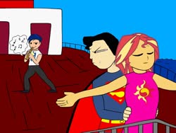 Size: 1024x768 | Tagged: safe, artist:superfanda, flash sentry, sunset shimmer, equestria girls, g4, crossover, crossover shipping, female, love triangle, male, meme, recorder, rivalry, ship:flashimmer, shipping, straight, superman, titanic