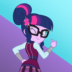 Size: 900x900 | Tagged: safe, artist:sapphiregamgee, sci-twi, twilight sparkle, human, comic:a fresh start, equestria girls, g4, my little pony equestria girls: friendship games, alternate ending, clothes, crystal prep, crystal prep academy, crystal prep academy uniform, female, glasses, hair bun, one eye closed, school uniform, solo, what if, wink, winking at you
