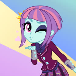 Size: 900x900 | Tagged: safe, artist:sapphiregamgee, sunny flare, human, comic:a fresh start, equestria girls, g4, my little pony equestria girls: friendship games, abstract background, alternate ending, blowing a kiss, bowtie, clothes, crystal prep, crystal prep academy, crystal prep academy uniform, crystal prep shadowbolts, female, kissy face, one eye closed, school uniform, what if, wink