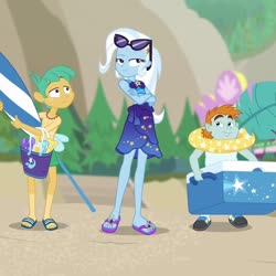 Size: 1024x1024 | Tagged: safe, edit, edited screencap, screencap, snails, snips, trixie, equestria girls, equestria girls series, forgotten friendship, g4, clothes, cropped, crossed arms, feet, flip-flops, male, male feet, sandals, sarong, swimsuit