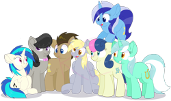 Size: 3367x1990 | Tagged: safe, artist:rainbow eevee, bon bon, derpy hooves, dj pon-3, doctor whooves, lyra heartstrings, minuette, octavia melody, sweetie drops, time turner, vinyl scratch, earth pony, pegasus, pony, unicorn, g4, adorabon, background six, bowtie, cute, derpabetes, doctor whooves gets all the mares, doctorbetes, female, floppy ears, folded wings, grin, group photo, looking at each other, looking away, lyrabetes, male, obtrusive watermark, open mouth, simple background, smiling, tavibetes, transparent background, vector, vinylbetes, watermark, wings