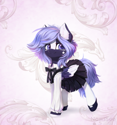 Size: 1500x1600 | Tagged: safe, artist:inowiseei, oc, oc only, oc:alenaria, pegasus, pony, abstract background, clothes, commission, dress, ear fluff, female, looking at you, maid, mare, raised leg, shirt, shoes, smiling, solo, stockings, thigh highs, two toned wings, wings