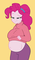 Size: 689x1200 | Tagged: safe, artist:0024387, pinkie pie, equestria girls, g4, bedroom eyes, belly, belly button, big belly, breasts, busty pinkie pie, female, midriff, preggy pie, pregnant, pregnant equestria girls, simple background, solo, yellow background
