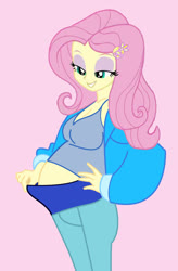 Size: 787x1200 | Tagged: safe, artist:0024387, fluttershy, equestria girls, g4, bedroom eyes, belly, big belly, breasts, busty fluttershy, camisole, cleavage, clothes, eyeshadow, female, lidded eyes, looking down, makeup, pants, preggoshy, pregnant, pregnant equestria girls, simple background, smiling, solo