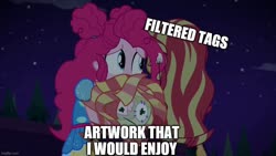 Size: 888x500 | Tagged: safe, edit, edited screencap, screencap, pinkie pie, sunset shimmer, equestria girls, equestria girls specials, g4, my little pony equestria girls: better together, my little pony equestria girls: sunset's backstage pass, caption, doll, female, image macro, imgflip, meta, text, toy