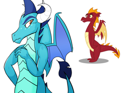 Size: 1531x1125 | Tagged: safe, artist:klondike, artist:queencold, edit, garble, princess ember, dragon, g4, dragoness, female, frown, garbledina, male, prince ash, rule 63, ship:emble, shipping, simple background, spread wings, straight, surprised, teenaged dragon, white background, wide eyes, wings