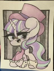 Size: 1552x2048 | Tagged: safe, artist:oc_ponys, snowfall frost, starlight glimmer, pony, unicorn, g4, chibi, clothes, glasses, hat, spats, top hat, traditional art