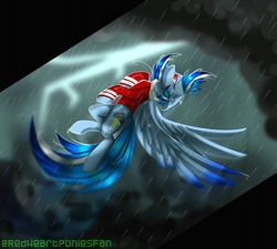 Size: 4000x3600 | Tagged: safe, artist:redheartponiesfan, oc, oc only, oc:storm fly, pegasus, pony, clothes, high res, lightning, rain, shirt, solo