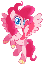 Size: 1280x1876 | Tagged: safe, artist:flashdashdoesart, pinkie pie, pegasus, pony, g4, female, flying, g5 concept leak style, g5 concept leaks, hooves, looking at you, mare, pegasus pinkie pie, pinkie pie (g5 concept leak), race swap, redesign, simple background, smiling, solo, spread wings, transparent background, wings