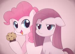 Size: 2048x1492 | Tagged: dead source, safe, artist:ginmaruxx, pinkie pie, earth pony, pony, g4, cute, diapinkes, duality, female, food, holding, hoof hold, looking at you, muffin, open mouth, pink background, pinkamena diane pie, self ponidox, simple background, smiling, solo