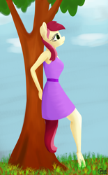 Size: 2600x4200 | Tagged: safe, artist:alicorn-without-horn, roseluck, anthro, unguligrade anthro, g4, clothes, cloud, cloudy, dress, grass, purple dress, sky, tree