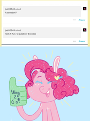 Size: 914x1236 | Tagged: safe, artist:ask-pinkie-polkadot-pie, pinkie pie, pony, tumblr:ask-pinkie-polkadot-pie, g4, female, foam finger, solo, younger