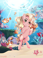 Size: 759x1020 | Tagged: safe, artist:irinar85, oc, oc only, pony, sea pony, starfish, clownfish, coral, day, solo, underwater