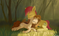 Size: 2300x1400 | Tagged: safe, artist:emeraldgalaxy, bright mac, pear butter, earth pony, pony, g4, the perfect pear, digital art, duo, eyes closed, female, grass, male, mare, prone, resting, scenery, ship:brightbutter, shipping, stallion, straight, tree