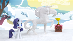 Size: 1920x1080 | Tagged: safe, screencap, rarity, pony, unicorn, g4.5, my little pony: stop motion short, snow pony contest (short), female, grin, mare, smiling, snow, snow sculpture, snowmare, snowpony, stop motion, trophy