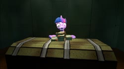 Size: 1024x575 | Tagged: safe, artist:undeadponysoldier, twilight sparkle, pony, unicorn, series:spikebob scalepants, g4, 3d, creepy, crossover, desk, female, gmod, greedy, grin, insanity, krusty krab, looking at you, mare, money, obsessed, smiling, solo, spongebob squarepants, table, twilight snapple, unicorn twilight
