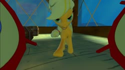 Size: 1024x575 | Tagged: safe, artist:undeadponysoldier, applejack, earth pony, pony, series:spikebob scalepants, g4, crossover, female, grin, karate, karate chop, looking at you, mare, parody, smiling, solo, spongebob squarepants