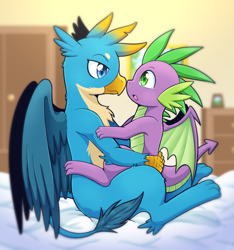 Size: 1000x1070 | Tagged: safe, artist:vavacung, gallus, spike, dragon, griffon, g4, duo, fanfic art, gallspike, gay, male, shipping