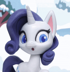 Size: 393x401 | Tagged: safe, screencap, rarity, pony, unicorn, g4.5, my little pony: stop motion short, snow pony contest (short), animated, cropped, female, gif, mare, reaction image, scared, snow, stop motion