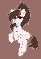 Size: 1341x1935 | Tagged: safe, artist:sugarstar, oc, oc only, oc:almond lotus, earth pony, pony, female, gem, jewelry, looking at you, necklace, simple background, smiling, solo