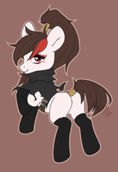 Size: 1368x2000 | Tagged: safe, artist:sugarstar, oc, oc only, oc:almond lotus, earth pony, pony, belt, butt, cloak, clothes, female, looking at you, makeup, mare, plot, simple background, smiling, solo, stockings, thigh highs
