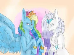 Size: 1024x768 | Tagged: safe, artist:kaylanijejls, rainbow dash, rarity, pegasus, pony, unicorn, g4, bracer, duo, female, g5 concept leak style, g5 concept leaks, gradient mane, jewelry, mare, rainbow dash (g5 concept leak), rarity (g5 concept leak), redesign, simple background, smiling, spread wings, tiara, wings
