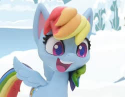Size: 735x574 | Tagged: safe, screencap, rainbow dash, pegasus, pony, g4.5, my little pony: stop motion short, snow pony contest (short), cropped, female, mare, smiling, snow, solo