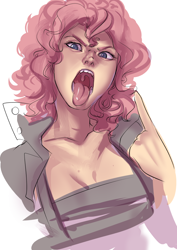 Size: 700x990 | Tagged: safe, artist:bakki, pinkie pie, human, g4, bad, badass, breasts, cleavage, delinquent, female, humanized, mawshot, open mouth, solo, tongue out, uvula