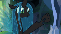Size: 800x450 | Tagged: safe, screencap, ocellus, queen chrysalis, smolder, changedling, changeling, changeling queen, dragon, g4, what lies beneath, animated, cave, clapping, crossed arms, cute, cutealis, diaocelles, disguise, disguised changeling, dragoness, duo, eyes closed, female, happy, magic, queen chrysellus, shapeshifting, smiling, transformation