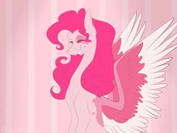 Size: 1024x768 | Tagged: safe, artist:anastasia-owl, pinkie pie, pegasus, pony, g4, female, g5 concept leak style, g5 concept leaks, happy, mare, pegasus pinkie pie, pinkie pie (g5 concept leak), race swap, redesign, simple background, slender, smiling, solo, spread wings, thin, wings