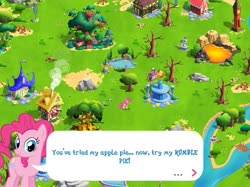 Size: 2049x1536 | Tagged: safe, gameloft, pinkie pie, earth pony, pony, g4, clock tower, dead tree, element of honesty, female, game screencap, golden oaks library, harmony stones, house, implied rumble, lava, lava pool, mare, pier, pond, river, speech bubble, statue, tree