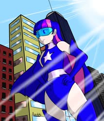 Size: 1024x1196 | Tagged: safe, artist:iwankov, twilight sparkle, human, g4, boots, clothes, evening gloves, female, giantess, gloves, hand on hip, humanized, long gloves, macro, magic gaia, shoes, superhero, thigh boots