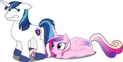 Size: 2432x1227 | Tagged: safe, artist:90sigma, artist:firestorm-can, artist:frownfactory, edit, edited edit, editor:slayerbvc, vector edit, princess cadance, shining armor, alicorn, pony, unicorn, g4, accessory-less edit, duo, female, grin, lip bite, looking back, looking up, male, mare, missing accessory, nervous, prone, shorn fetlocks, simple background, smiling, stallion, transparent background, vector