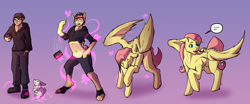Size: 3000x1250 | Tagged: safe, artist:biobasher, angel bunny, fluttershy, butterfly, human, pegasus, pony, rabbit, g4, animal, cellphone, clothes, crotchboobs, female, glasses, gradient background, hat, hoodie, human to pony, magic, male, male to female, nudity, oh my, phone, rule 63, teats, transformation, transformation sequence, transgender transformation