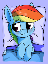 Size: 1018x1371 | Tagged: safe, artist:dacaoo, rainbow dash, pegasus, pony, g4, bed, blanket, blushing, cheek fluff, cute, dashabetes, female, leg fluff, lying on bed, mare, on back, pillow, solo