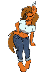 Size: 2048x3000 | Tagged: safe, alternate version, artist:sugar morning, oc, oc only, oc:cassette, oc:mixtape, earth pony, anthro, unguligrade anthro, clothes, commission, feather, female, high res, jeans, looking at you, mare, one eye closed, pants, pose, rule 63, simple background, solo, tank top, transparent background, wink