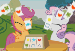 Size: 729x499 | Tagged: safe, screencap, scootaloo, sweetie belle, pegasus, pony, unicorn, g4, the show stoppers, animated, circle, clover, female, filly, gif, heart, square, stars, table, tree, triangle, zener cards