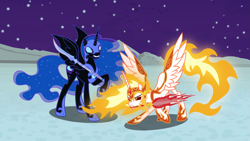 Size: 9321x5241 | Tagged: safe, artist:tsabak, daybreaker, nightmare moon, pony, g4, absurd resolution, magic, moon, sword, vector, weapon