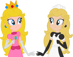Size: 918x721 | Tagged: safe, artist:strassenlaterne, artist:user15432, human, equestria girls, g4, (mario) the music box, ancestor, aurora/misery, barely eqg related, base used, clothes, crossover, crown, descendant, dress, duo, ear piercing, earring, equestria girls style, equestria girls-ified, gloves, jewelry, looking at each other, maid, maid headdress, nintendo, non-mlp oc, piercing, princess peach, regalia, super mario bros., witch