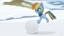 Size: 800x450 | Tagged: safe, screencap, rainbow dash, pegasus, pony, g4.5, my little pony: stop motion short, snow pony contest (short), animated, dashing through the snow, female, flying, gif, gotta go fast, outdoors, snow, solo, stop motion, wings
