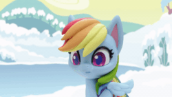 Size: 800x450 | Tagged: safe, screencap, rainbow dash, pegasus, pony, g4.5, my little pony: stop motion short, snow pony contest (short), angry, animated, annoyed, cute, female, gif, grumpy, grumpy dash, madorable, multicolored hair, snow, solo, stop motion, wings