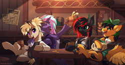 Size: 2100x1092 | Tagged: safe, artist:redchetgreen, oc, oc only, alicorn, bat pony, bat pony alicorn, earth pony, pegasus, pony, unicorn, bar, bard, bat wings, belly, concave belly, detailed background, fantasy class, horn, red and black oc, slender, tavern, thin, wings