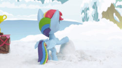 Size: 800x450 | Tagged: safe, screencap, rainbow dash, pegasus, pony, g4.5, my little pony: stop motion short, snow pony contest (short), animated, crate, cute, female, gif, multicolored hair, smiling, snow, snow sculpture, solo, stop motion, trophy, wings