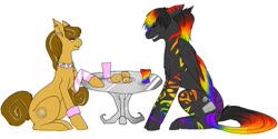 Size: 1280x640 | Tagged: safe, artist:royalheart, oc, oc only, earth pony, pegasus, pony, choker, cookie, cup, duo, earth pony oc, female, food, grin, leg warmers, male, mare, multicolored hair, pegasus oc, rainbow hair, simple background, sitting, smiling, stallion, table, white background, wings
